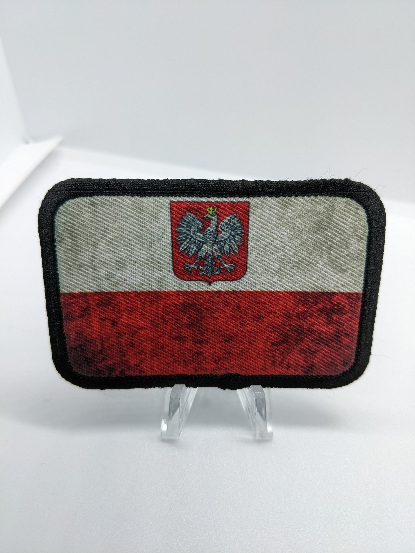 Distressed Poland flag with crest 2"x3" morale patch with hook and loop backing