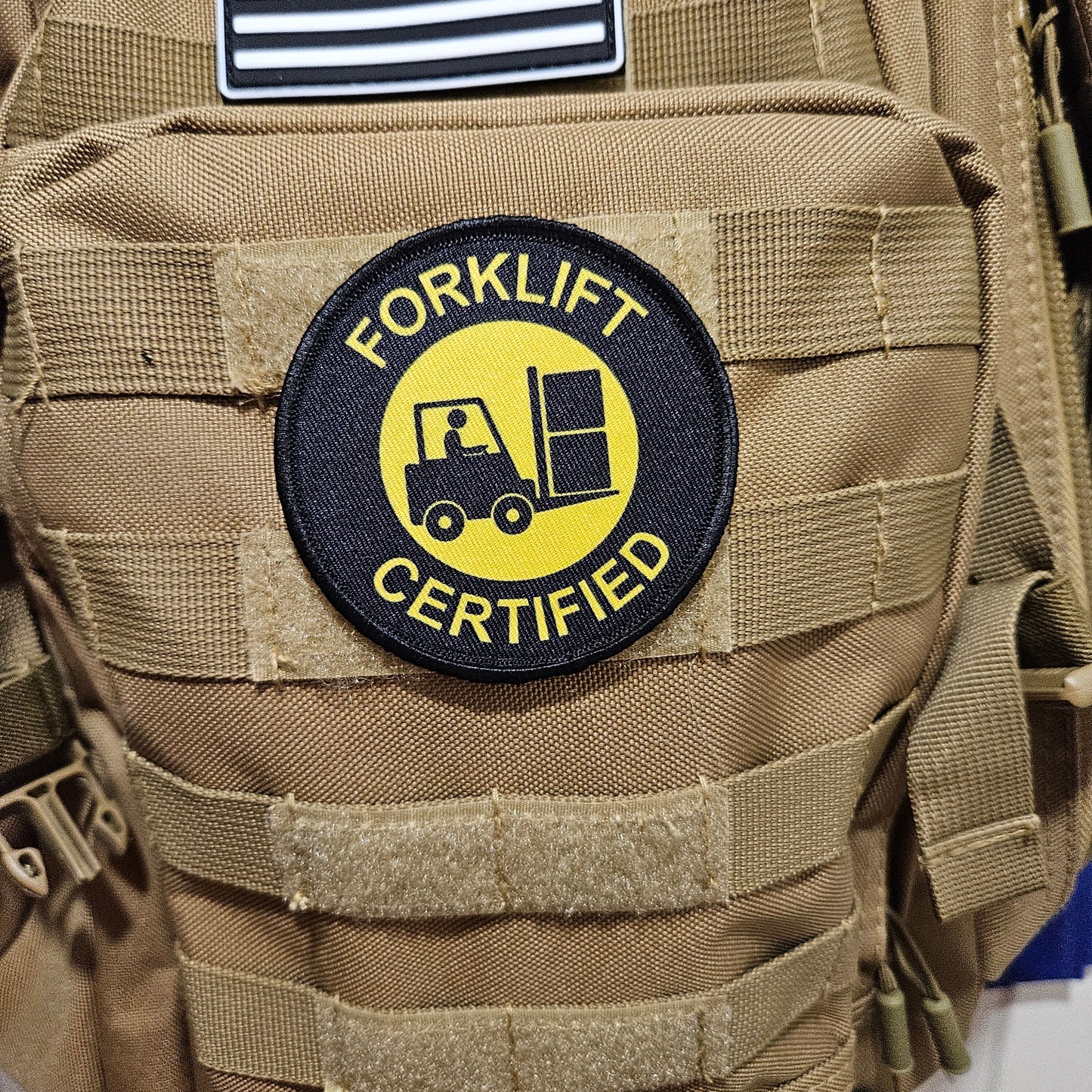 Forklift certified meme 3" circle morale patch with hook and loop backing