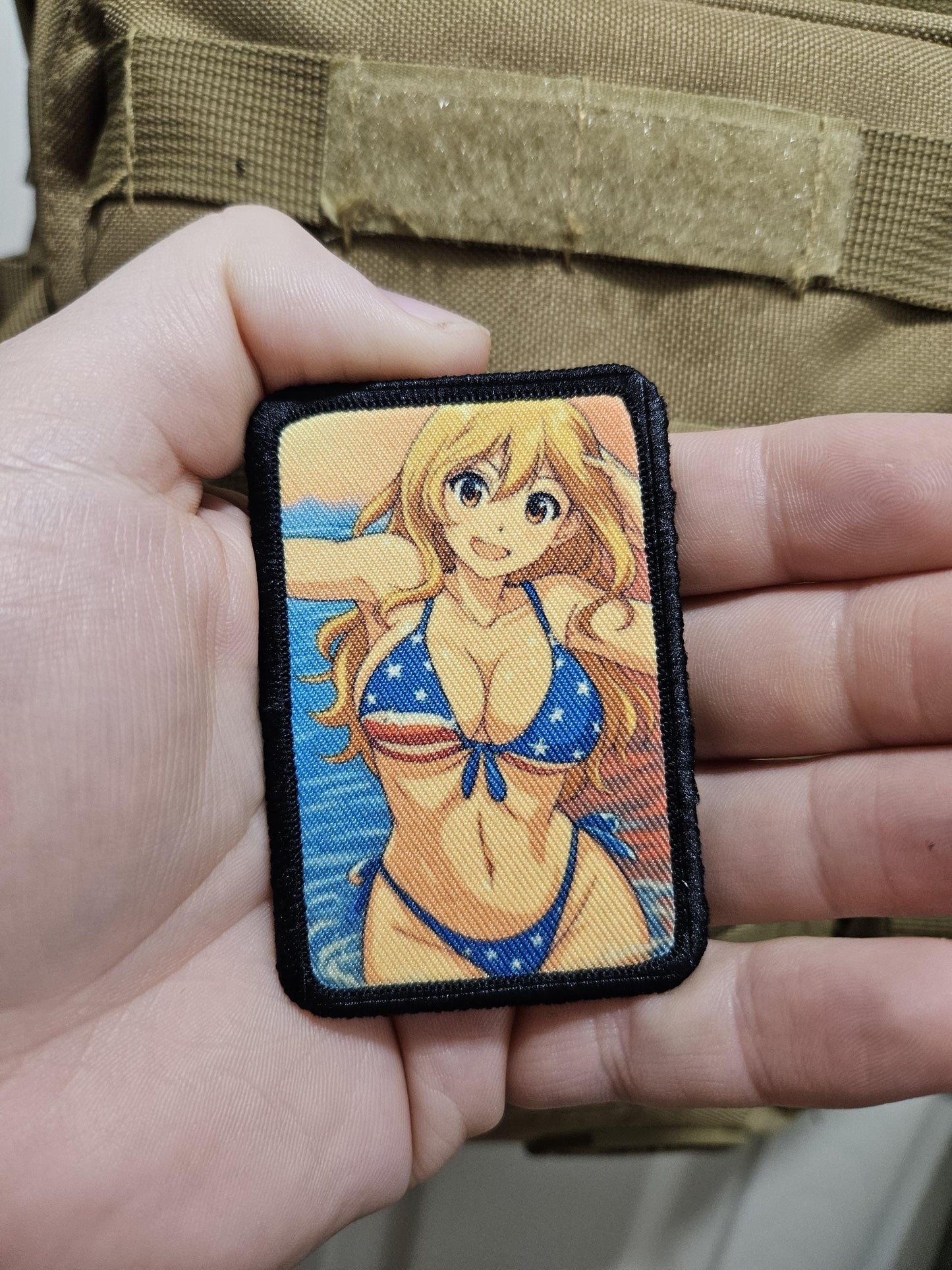 Sexy Anime girl cleavage american flag bikini waifu 2"x3"  removable morale patch with hook and loop backing