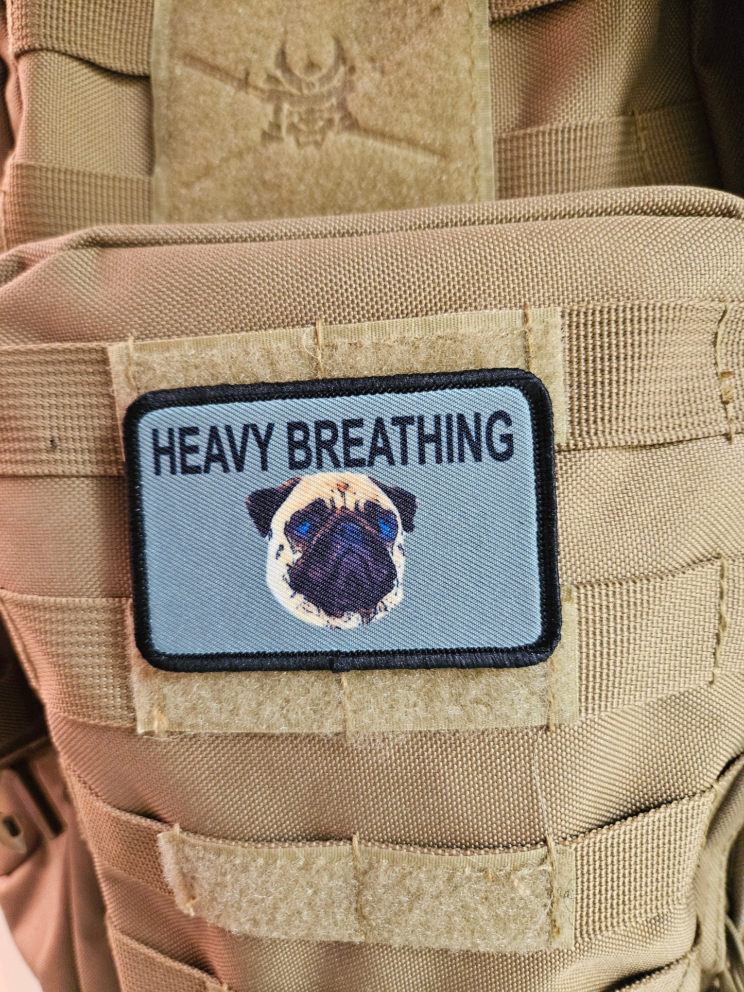 Heavy breathing  pug meme 2"x3" removable morale patch with hook and loop backing