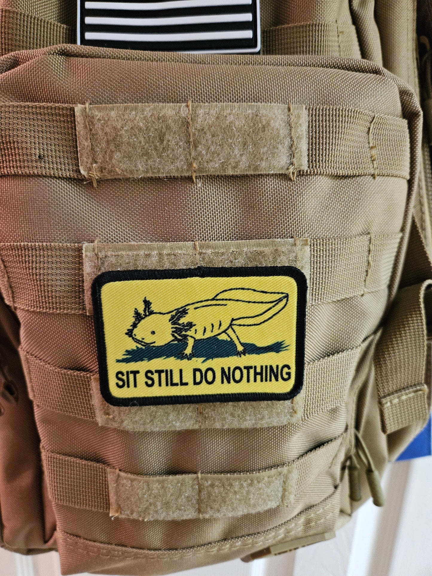 Gadsden flag parody axolotl  sit still do nothing 2"x3" morale patch with hook and loop backing