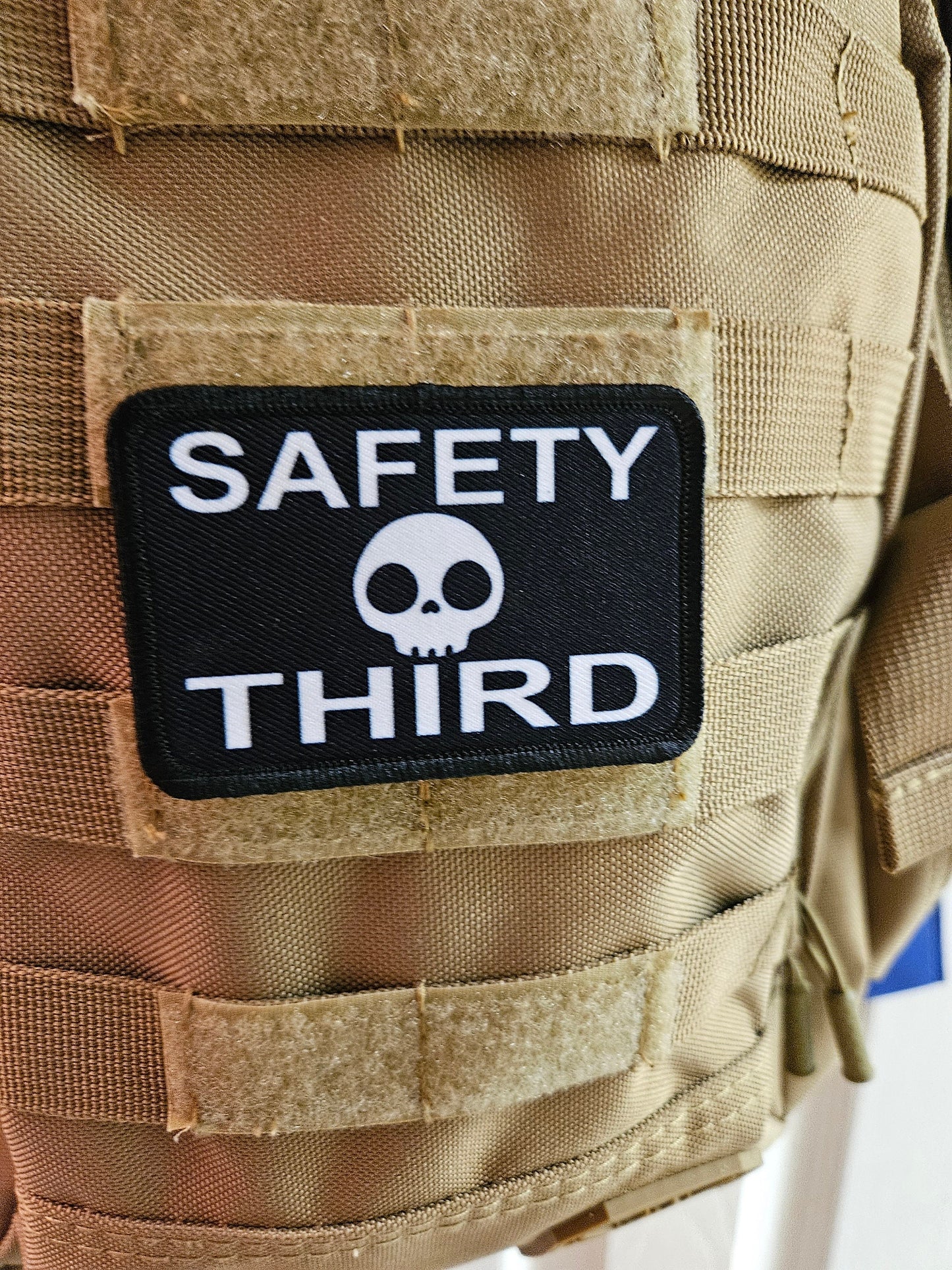 Safety third meme 2"x3" removable morale patch with hook and loop backing blue collar