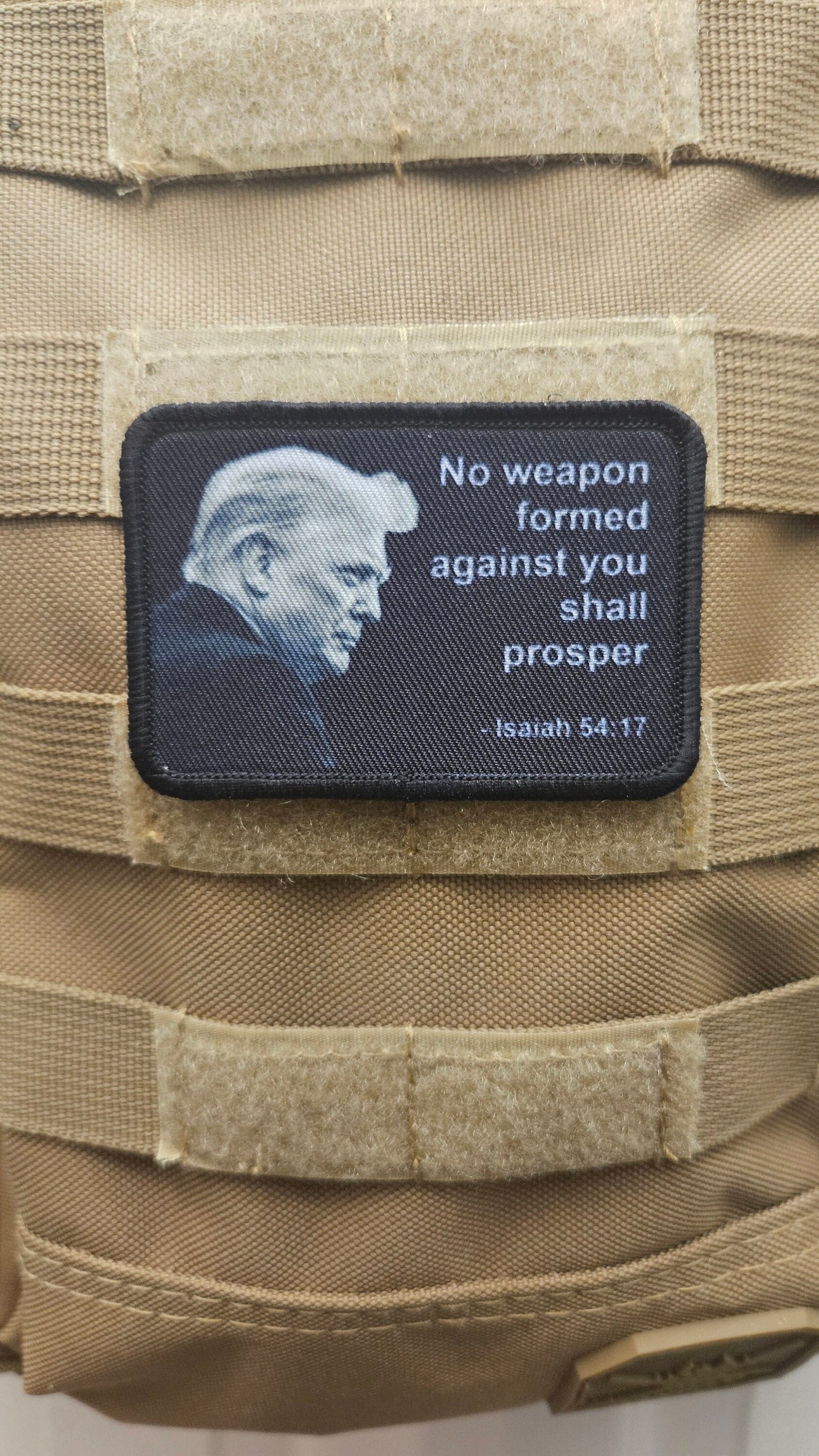 Isaiah 54:17 no weapon formed against me Don version bible verse  2"x3" morale patch with hook and loop backing