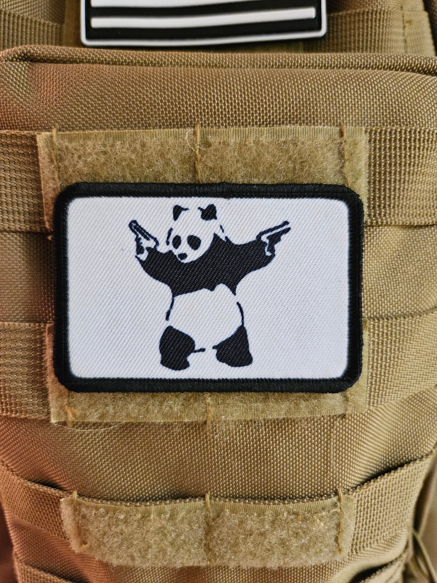 Pew pew panda meme 2"x3" removable morale patch with hook and loop backing