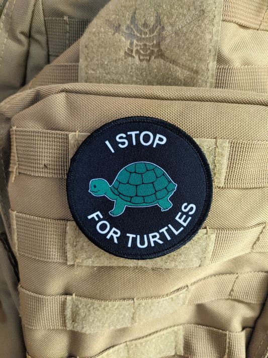 I stop for turtles save the turtles  3" circle removable morale patch with hook and loop backing