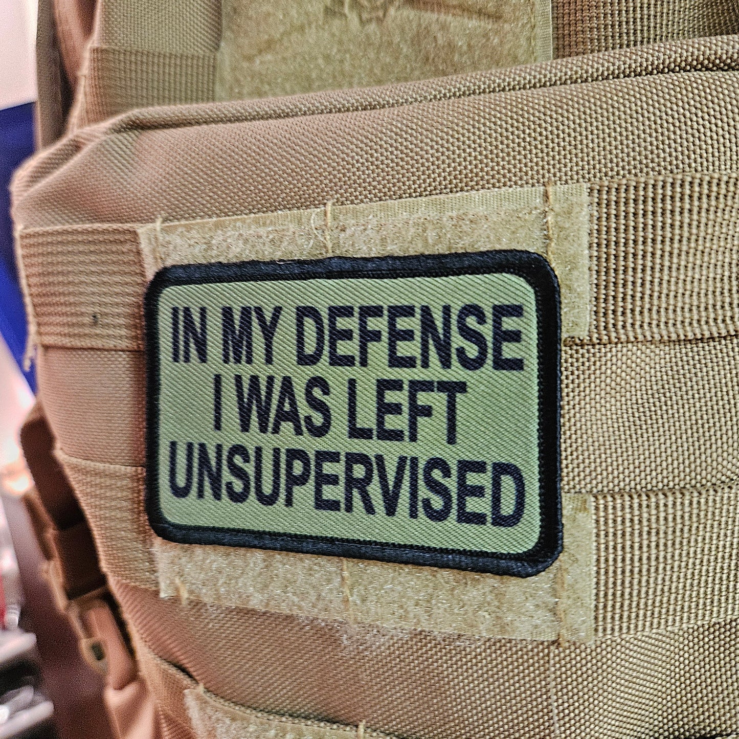 Green In My Defense I was left Unsupervised  removable patch 2"x3" morale patch with hook and loop backing