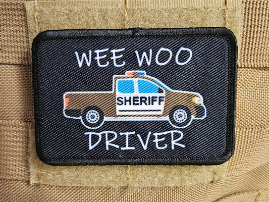 Wee woo driver sheriff pick-up brown version driver funny 2"x3" removable morale patch with hook and loop backing