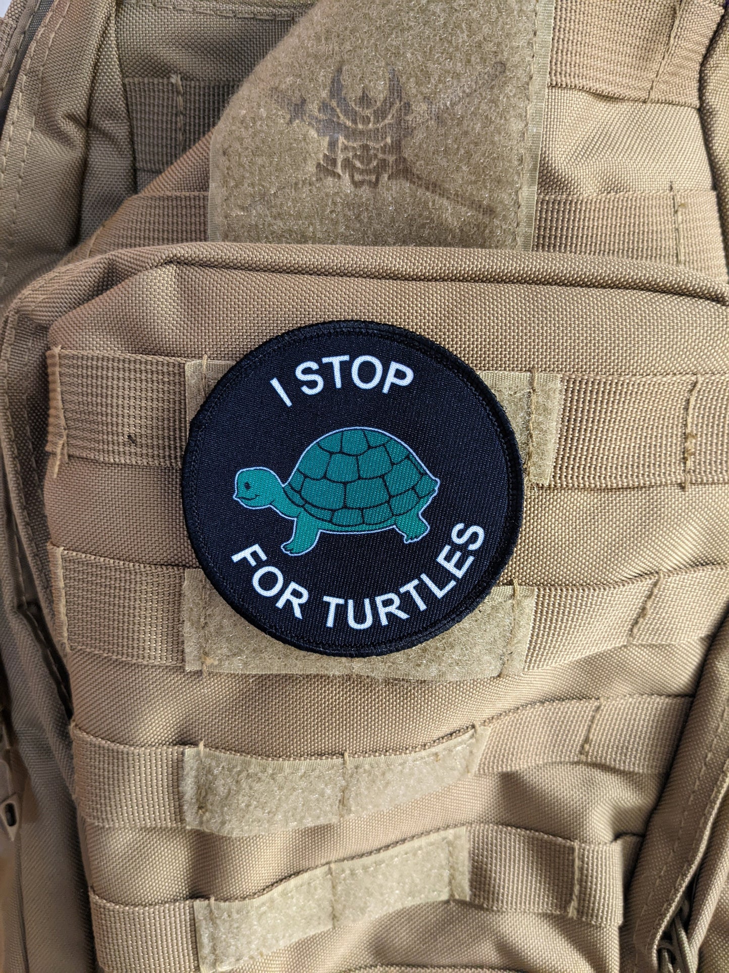 I stop for turtles save the turtles  3" circle removable morale patch with hook and loop backing