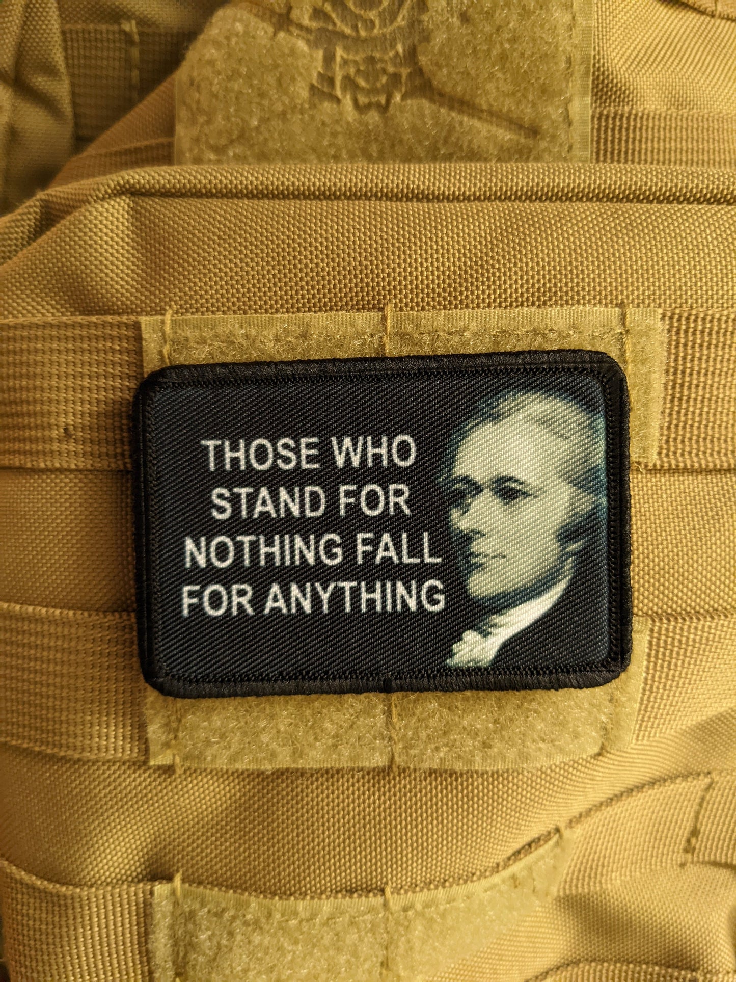Alexander Hamilton those who stand for nothing fall for anything 2"x3" removable morale patch with hook and loop backing