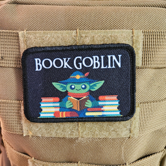 Book goblin reading joke book collection meme  2"x3" removable morale patch with hook and loop backing