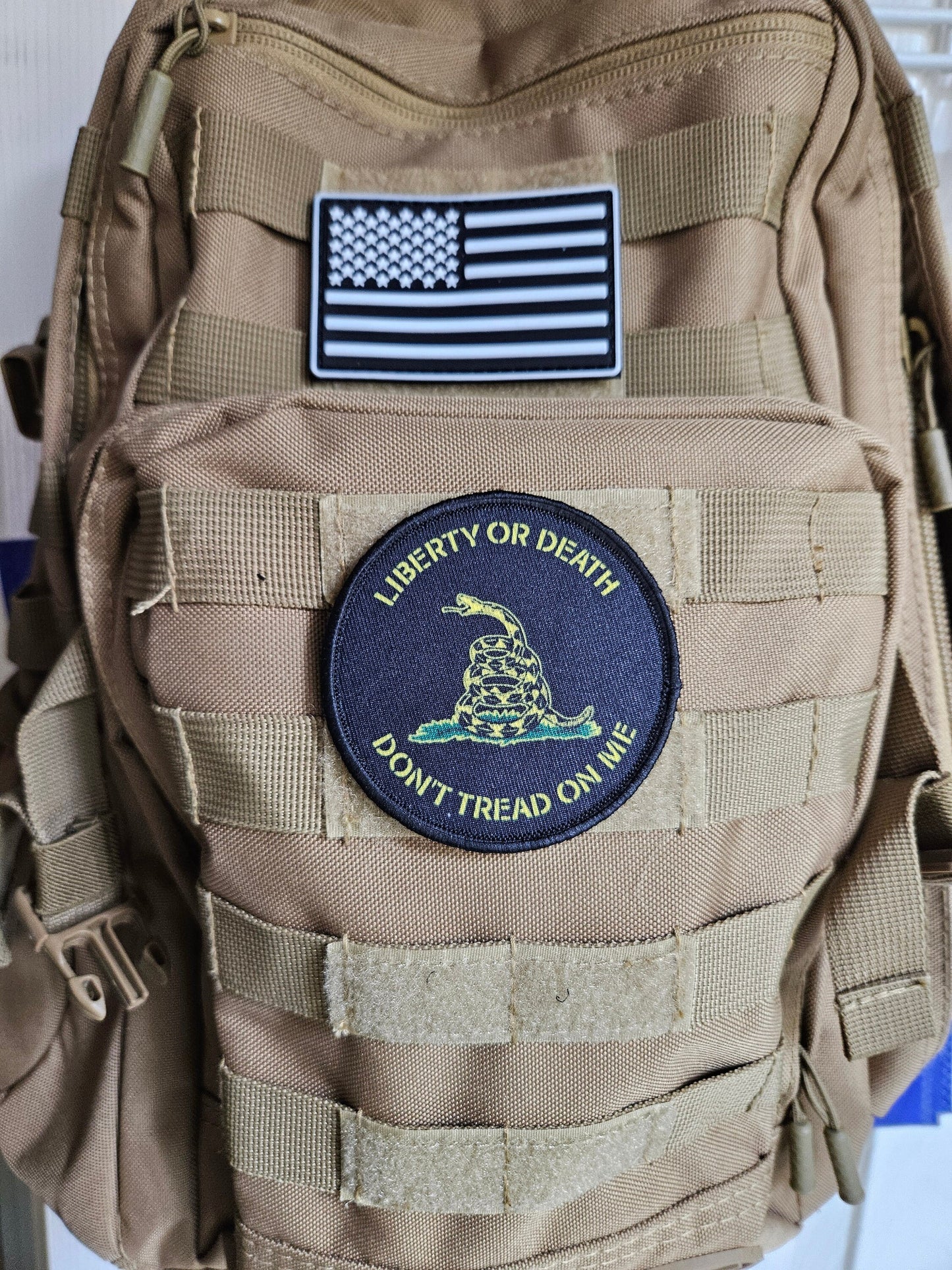 Don't tread on me Gadsden flag black 3" circle removable morale patch with hook and loop backing