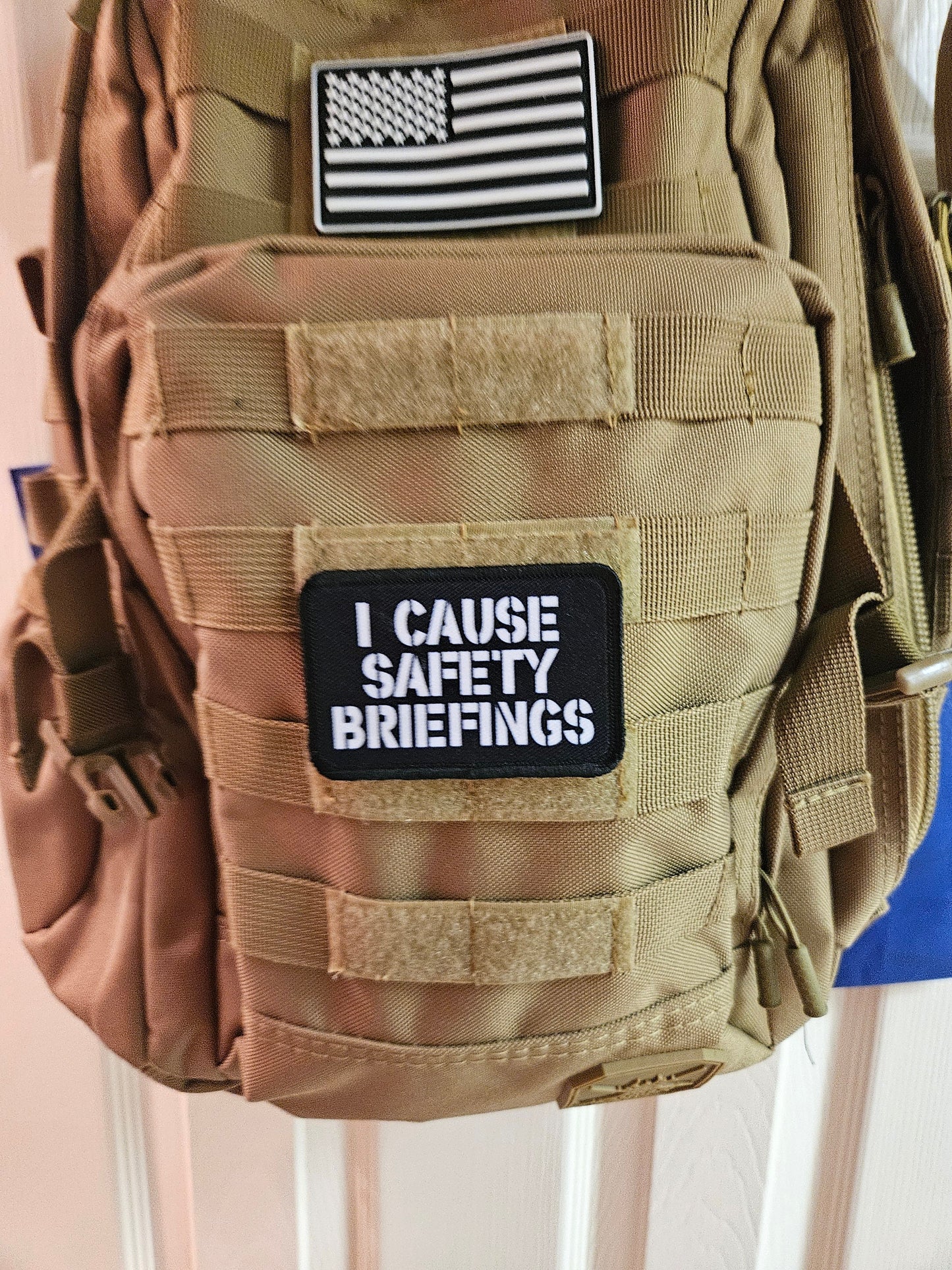 I cause safety briefings funny meme edc black  2"x3" morale patch with hook and loop backing military joke meme