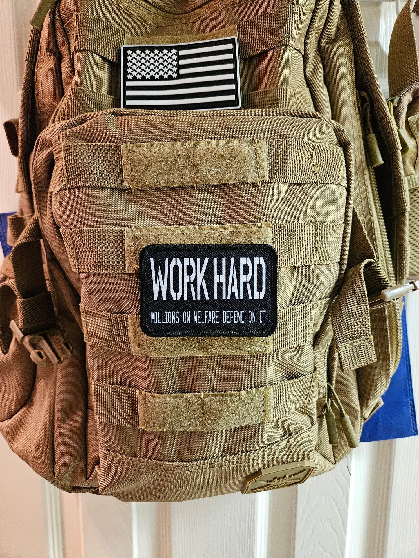 Work hard millions on welfare depend on it meme 2"x3" removable morale patch with hook and loop backing blue collar
