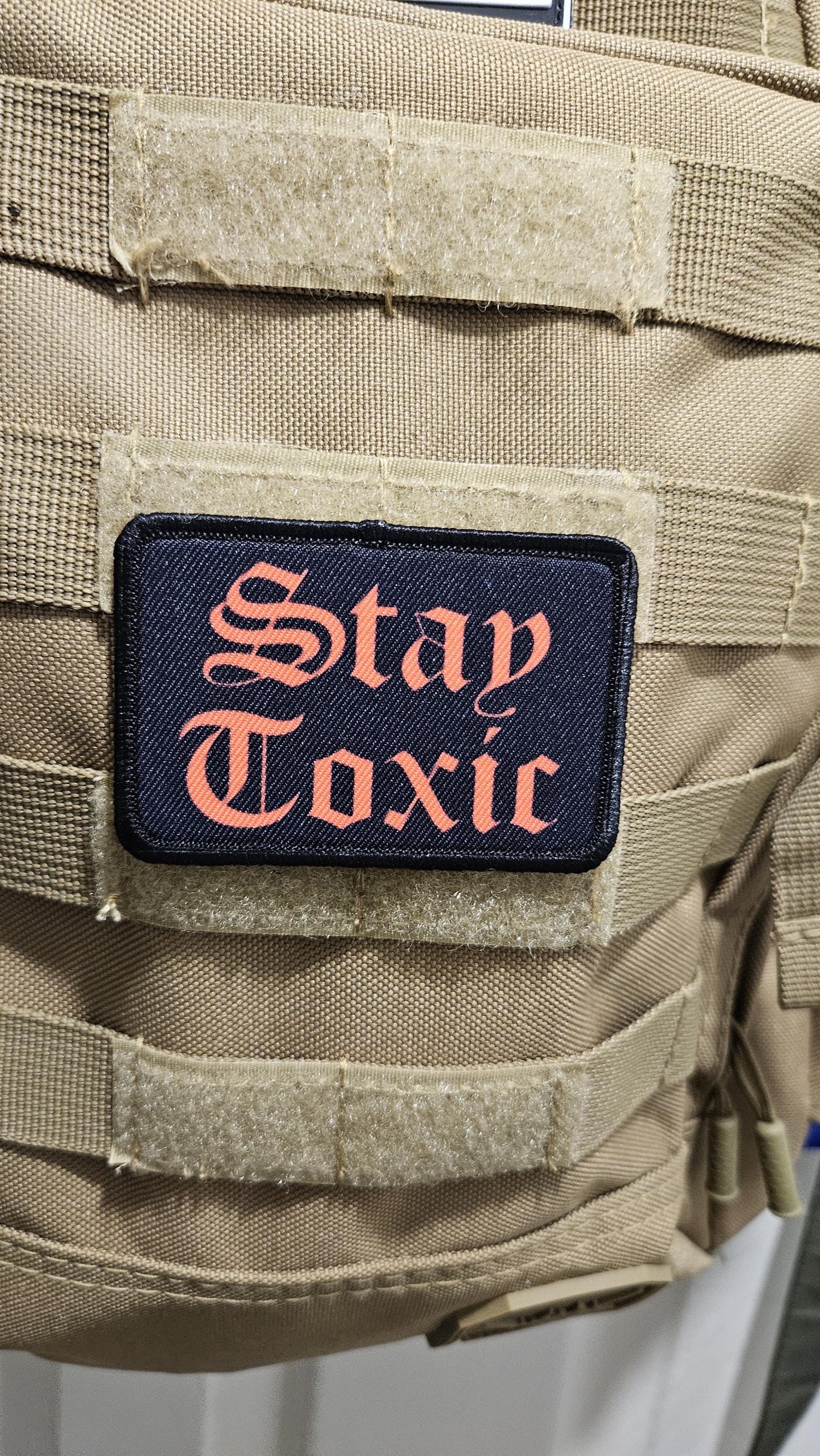 Stay toxic meme  red on black 2"x3" removable morale patch with hook and loop backing