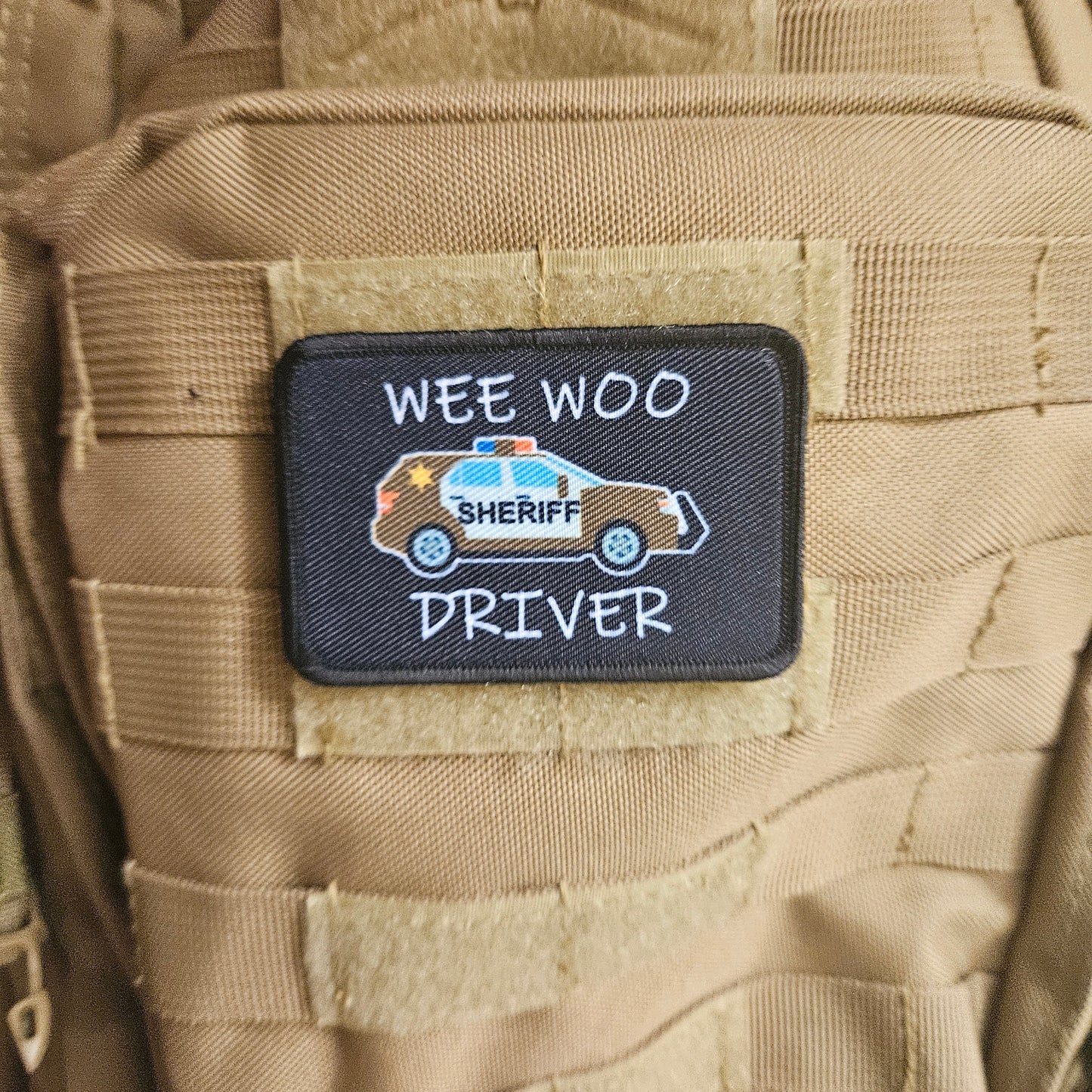 Wee woo driver sheriff SUV brown version driver funny 2"x3" removable morale patch with hook and loop backing