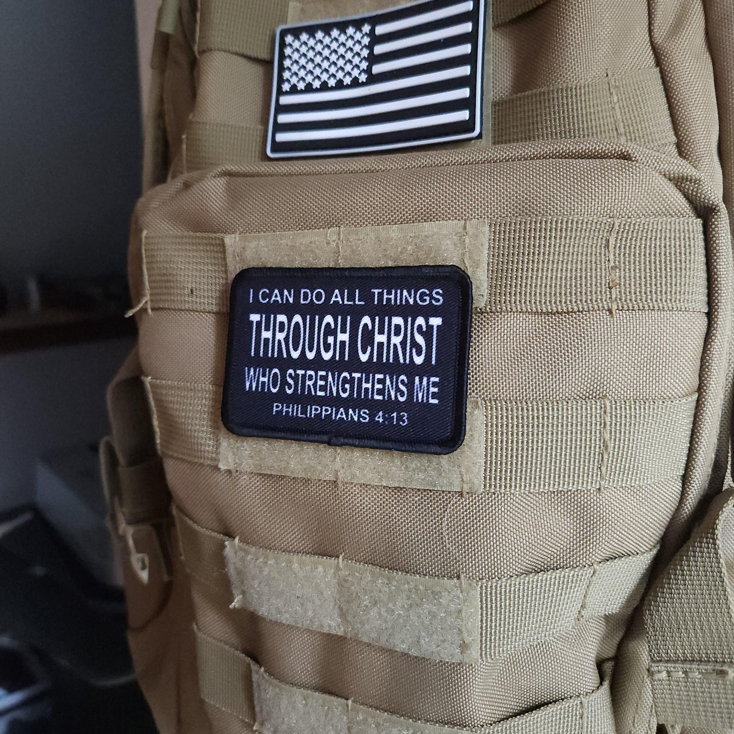 I can do all things Philippians 4:13 bible verse  2"x3" morale patch with hook and loop backing BW