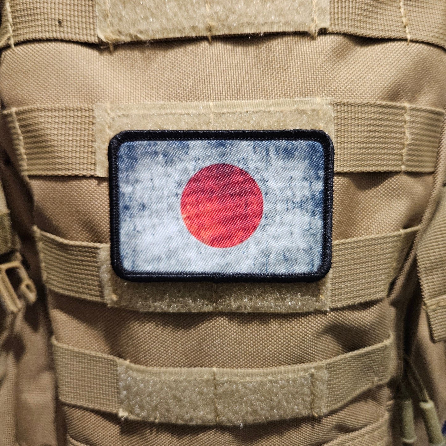 Distressed Japanese flag 2"x3" morale patch with hook and loop backing