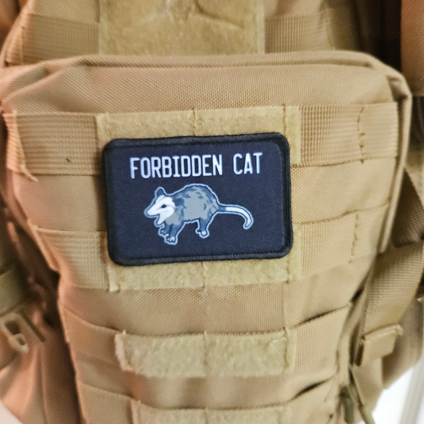 Forbidden cat possum meme 2"x3" morale patch with hook and loop backing