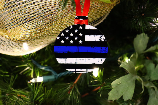 This blue line American Flag police law enforcement support Christmas Ornament