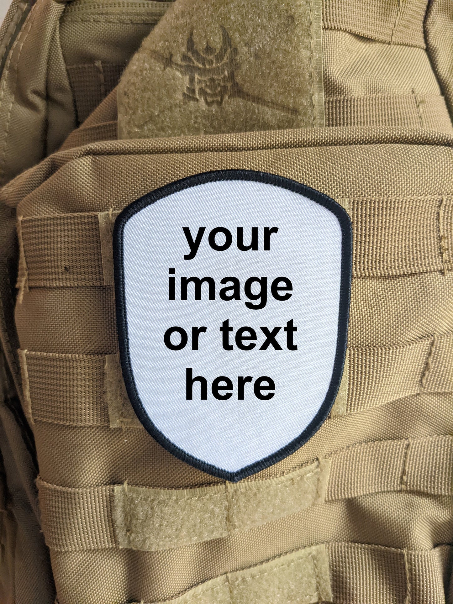 Custom choose your own image or text 3"x4" shield shaped hook & loop morale patch version 2