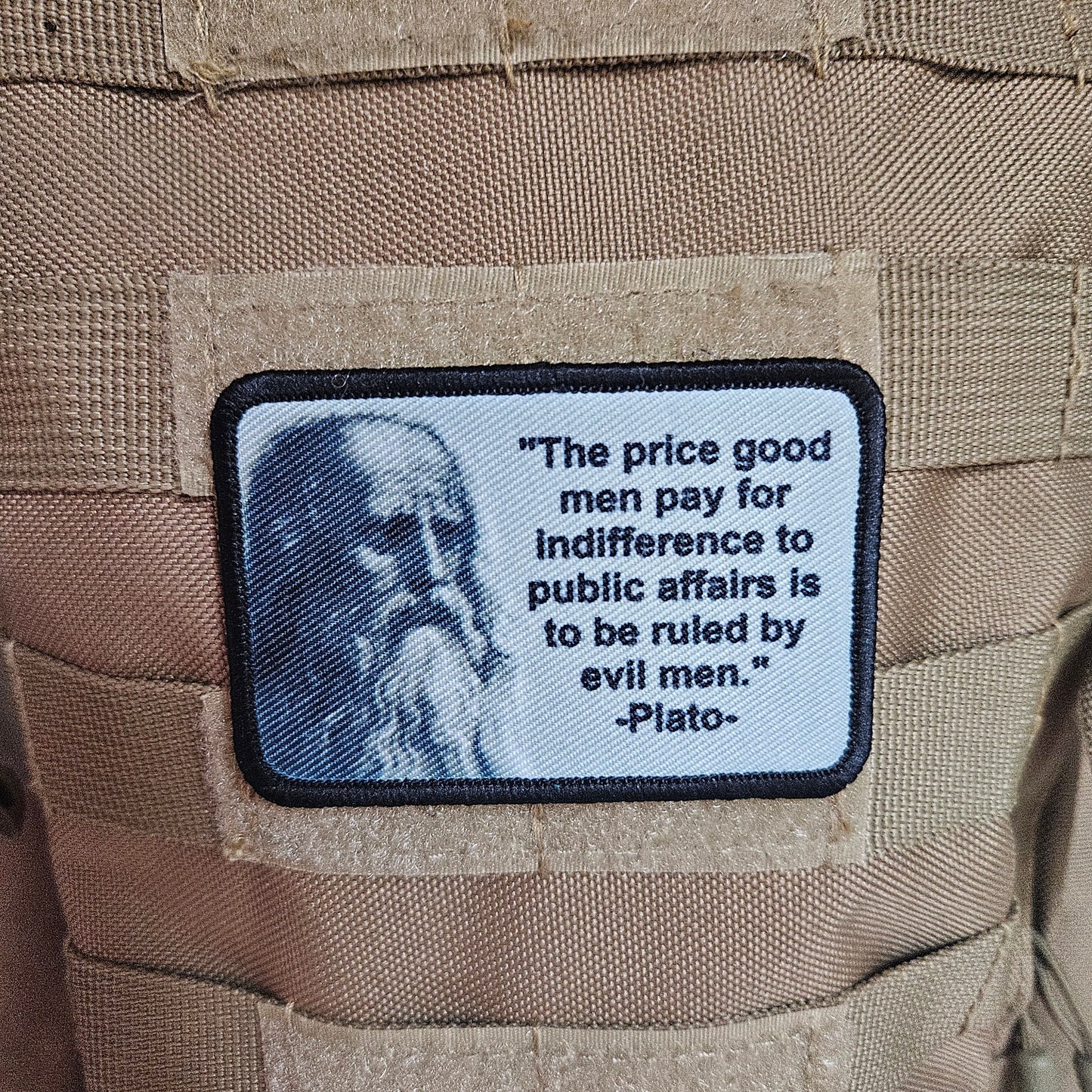 Plato the price good men pay for indifference 2"x3" removable morale patch with hook and loop backing