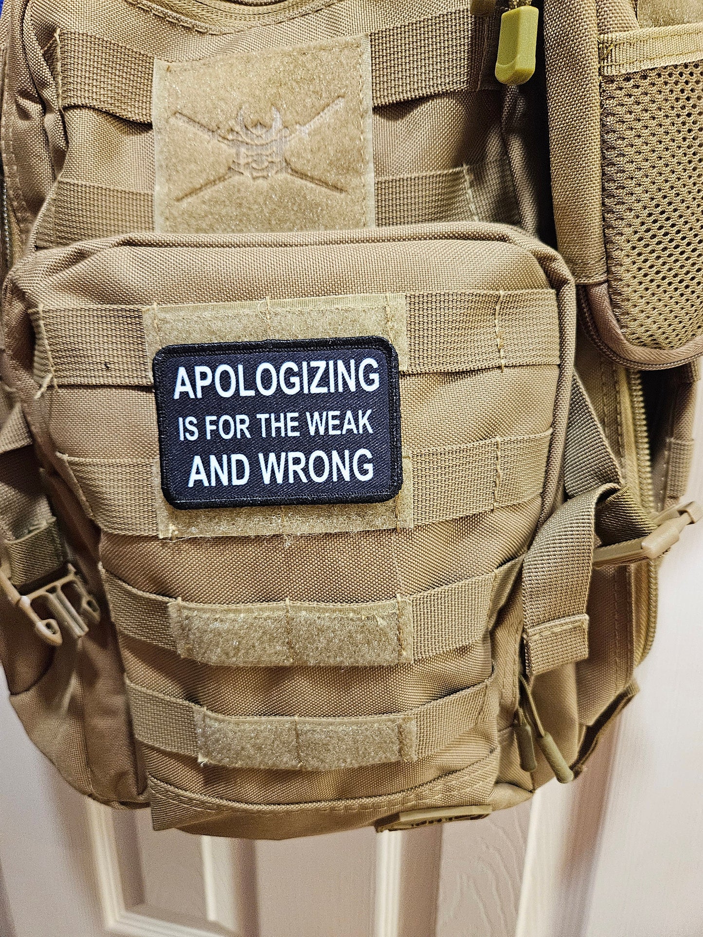 Apologizing is for the weak and wrong meme 2"x3"  removable morale patch with hook and loop backing