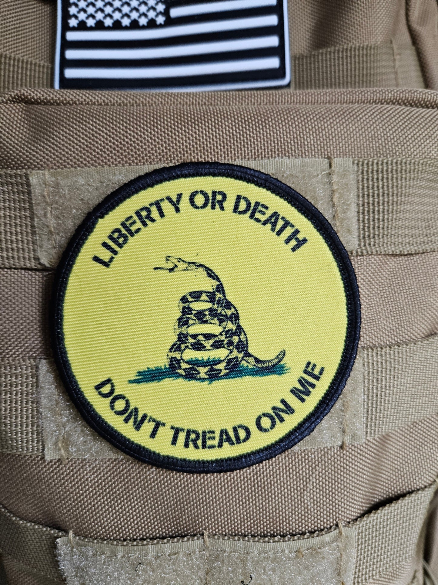 Don't tread on me Gadsden flag yellow 3" circle removable morale patch with hook and loop backing