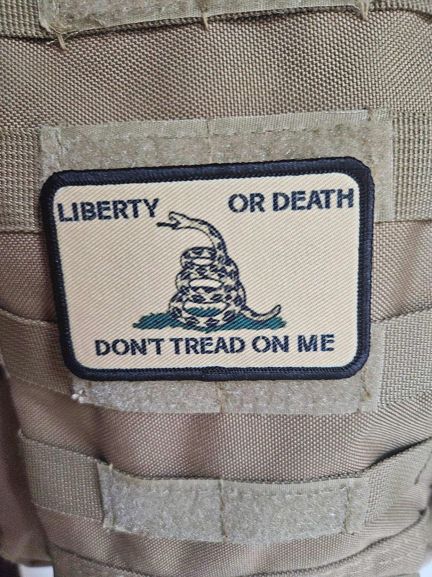 Tan Liberty or death Gadsden flag don't tread on me 2"x3" morale patch with hook and loop backing