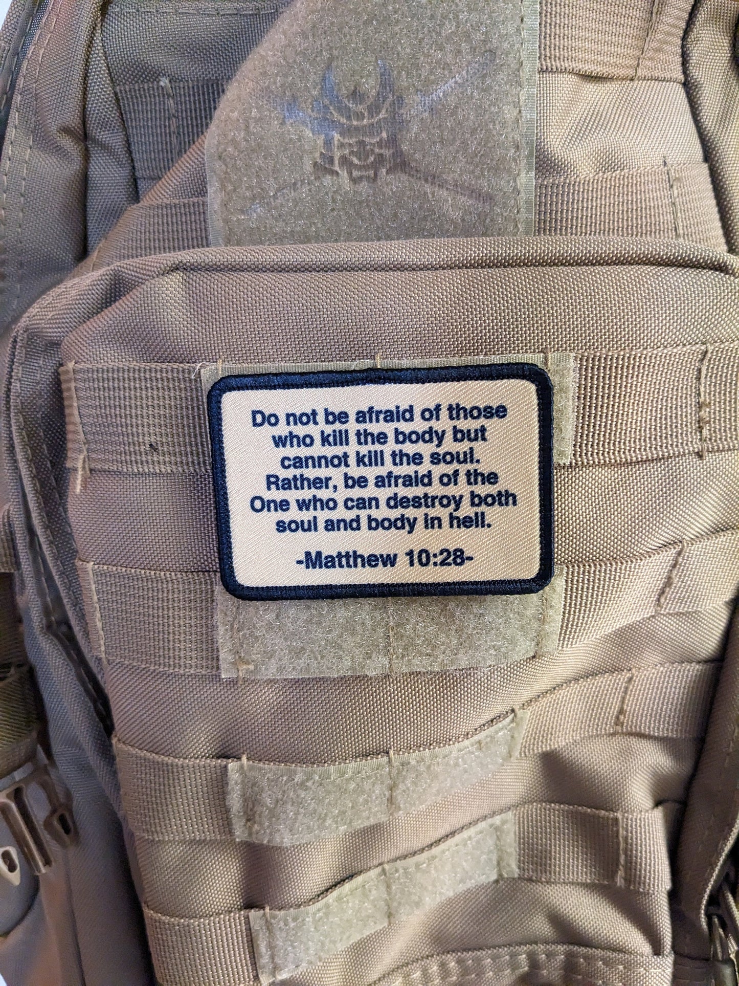 Bible verse Matthew 10:28 2"x3" tan removable morale patch with hook and loop for hat