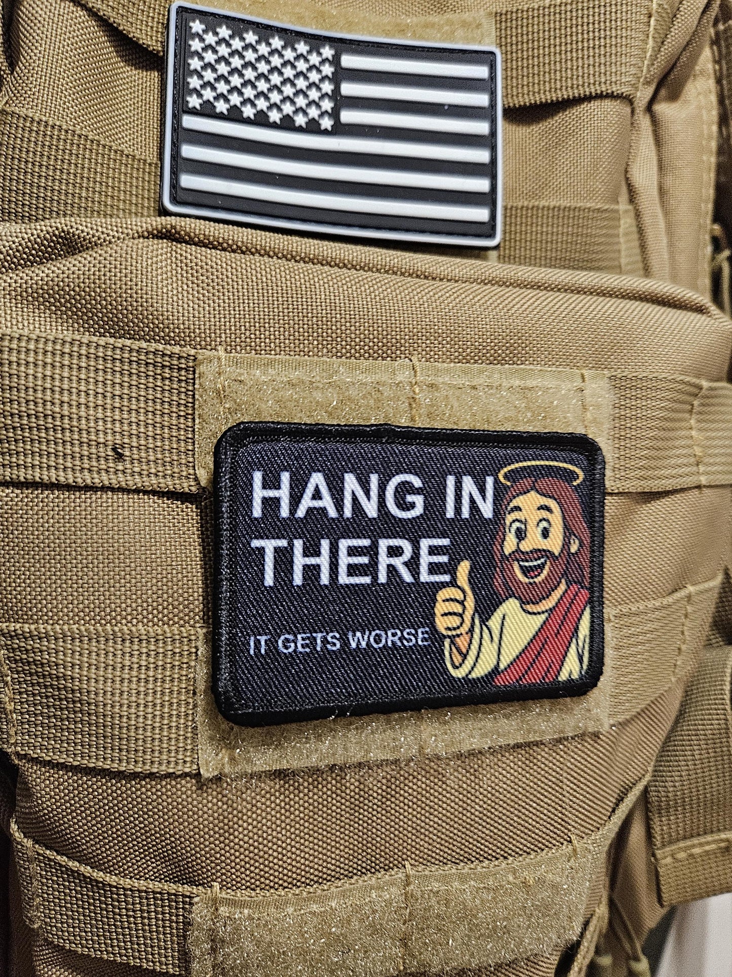 Jesus hang in there it gets worse meme 2"x3" removable morale patch with hook and loop backing black and white