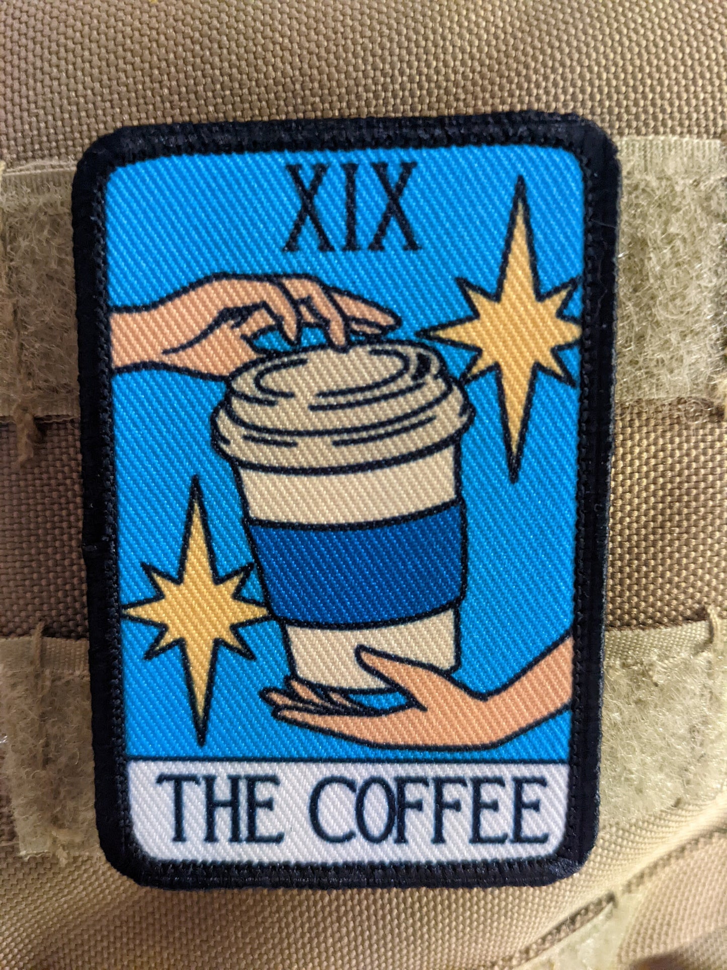 The Coffee tarot card funny cute  2"x3" morale patch with hook and loop backing