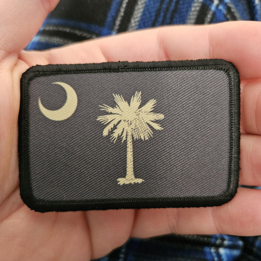 Subdued tan and brown South Carolina state flag removable patch 2"x3" morale patch with hook and loop backing