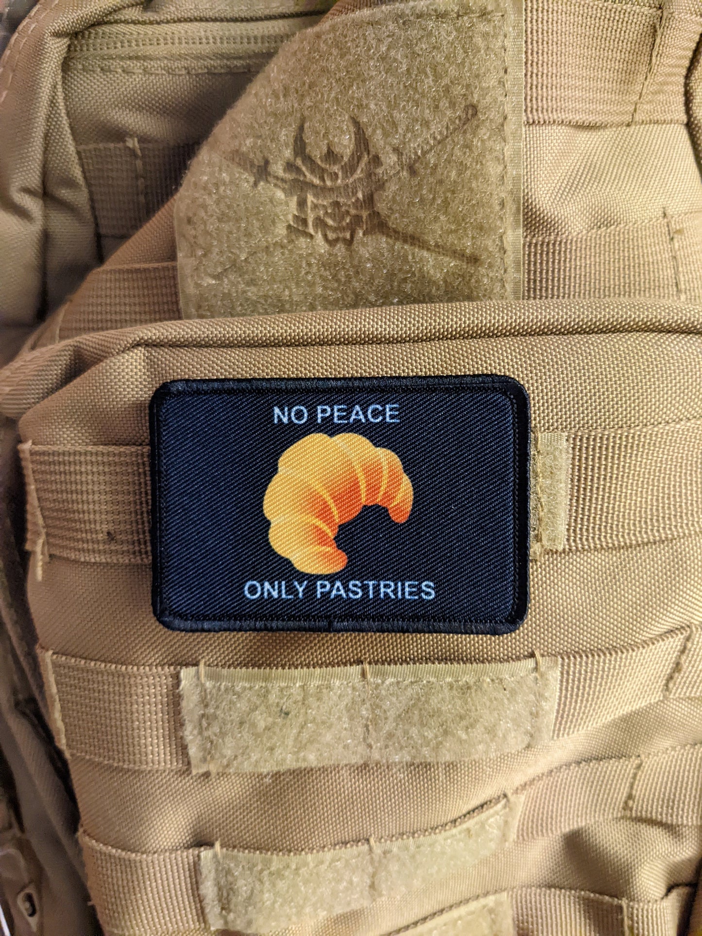Croissant no peace only pastries  2"x3" morale patch with hook and loop backing