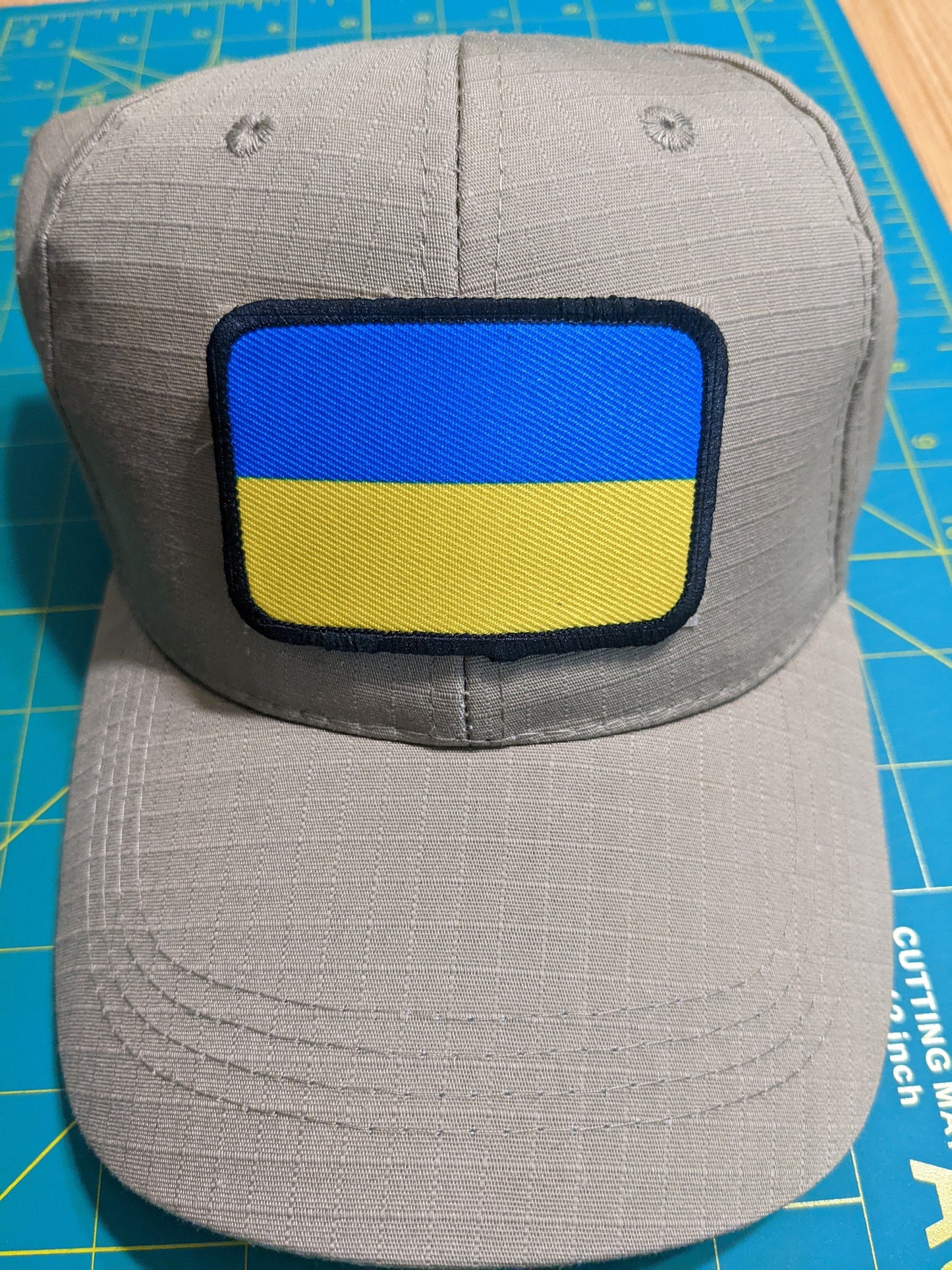 Ukraine Flag stand with Ukraine 2"x3" morale patch with hook and loop backing