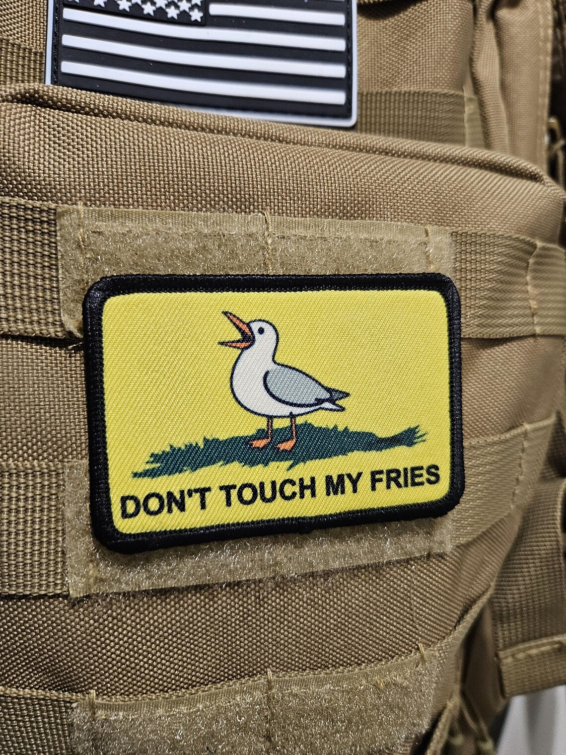 Don't touch my fries seagull joke Gadsden flag meme  2"x3" removable morale patch with hook and loop backing