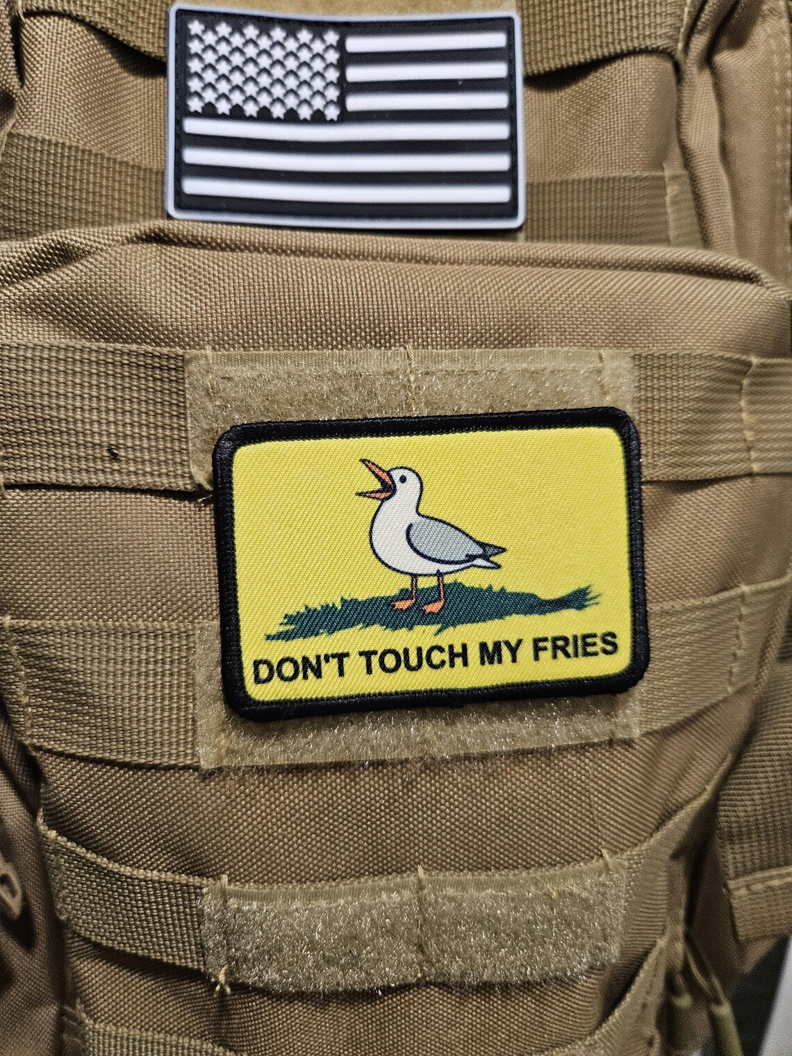 Don't touch my fries seagull joke Gadsden flag meme  2"x3" removable morale patch with hook and loop backing