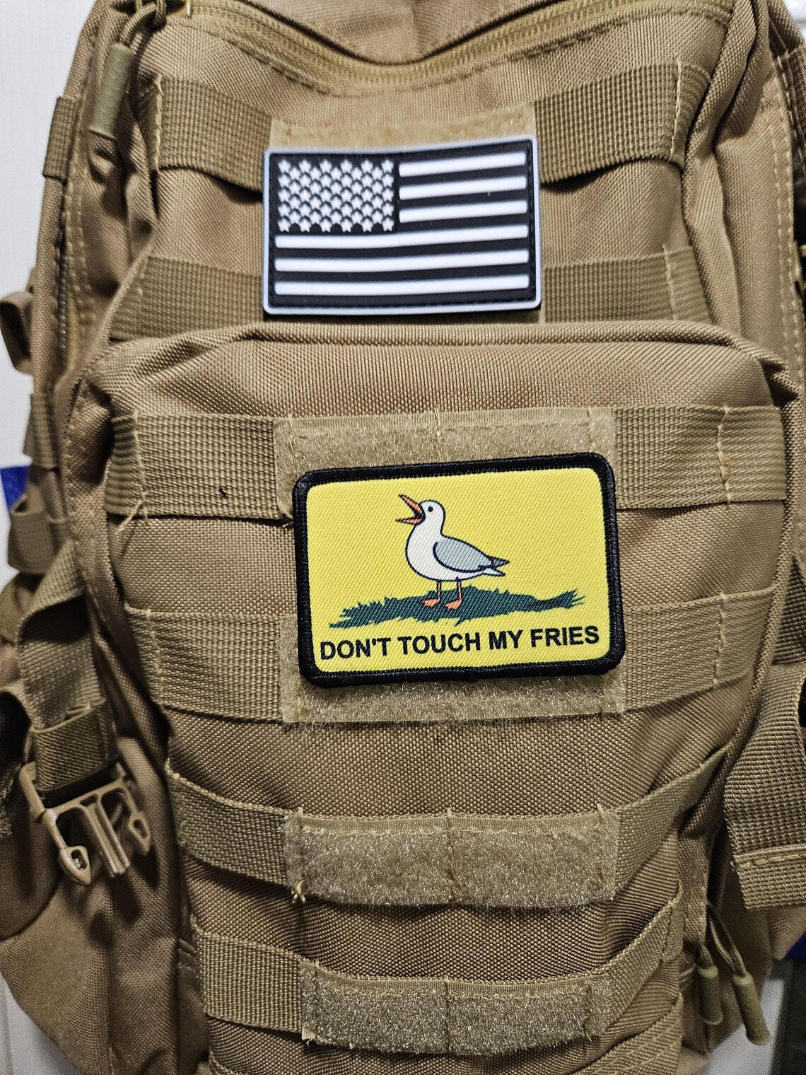 Don't touch my fries seagull joke Gadsden flag meme  2"x3" removable morale patch with hook and loop backing
