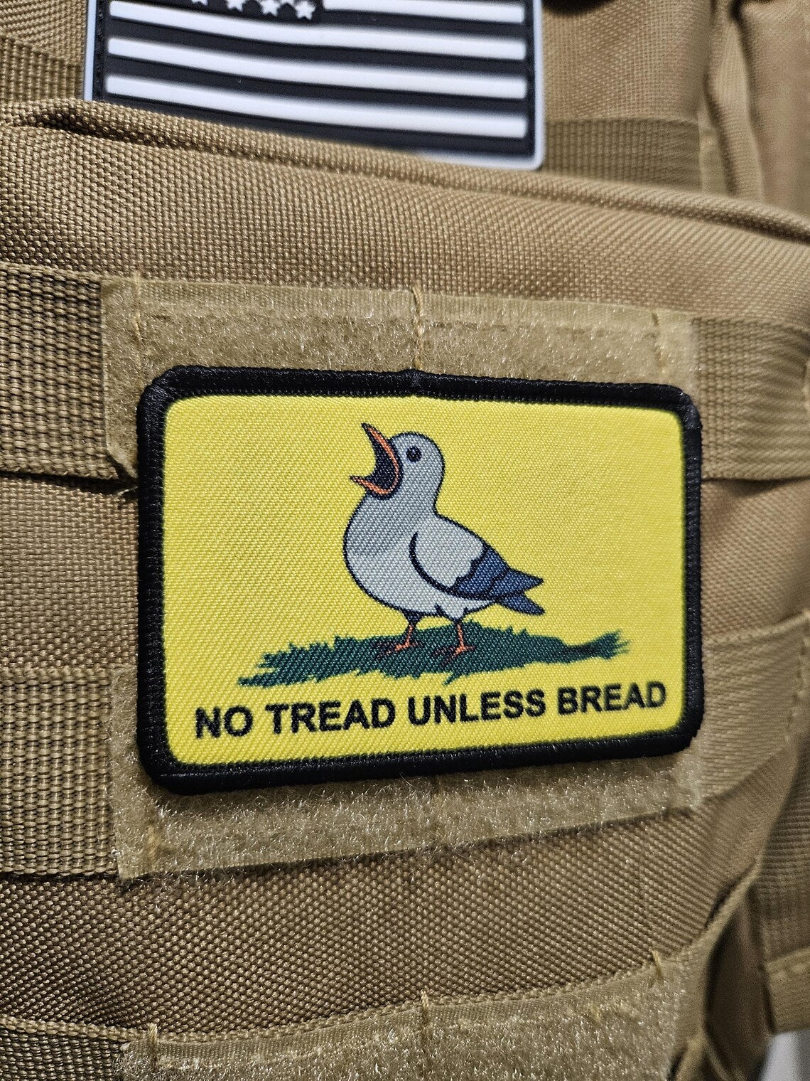 no tread unless bread pigeon Gadsden flag meme  2"x3" removable morale patch with hook and loop backing