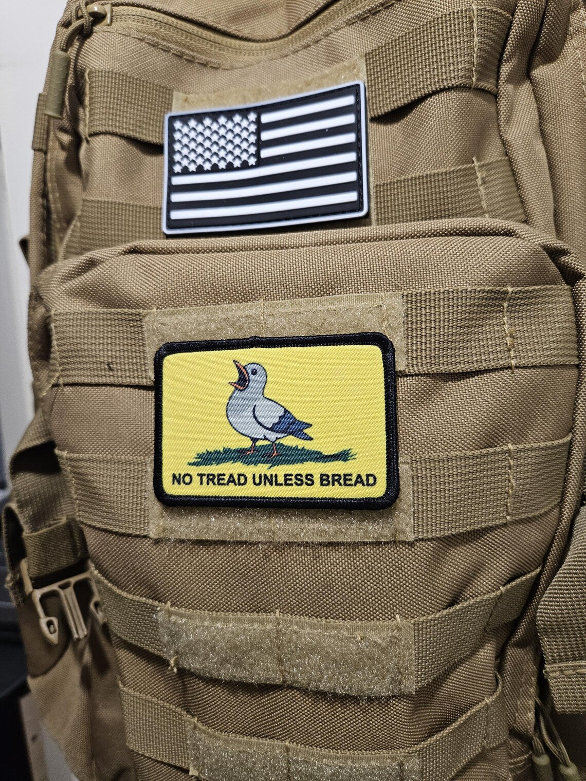 no tread unless bread pigeon Gadsden flag meme  2"x3" removable morale patch with hook and loop backing