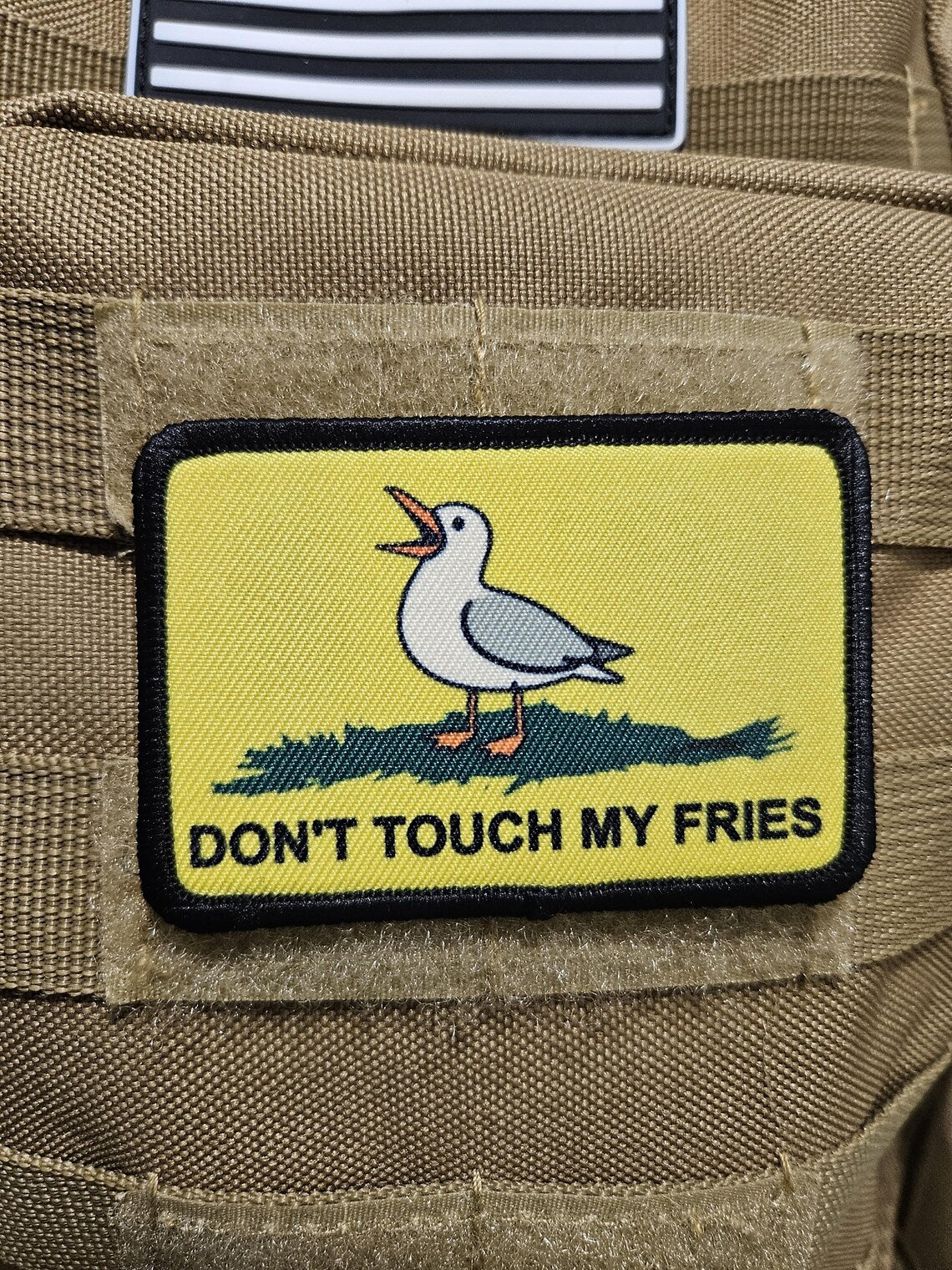 Don't touch my fries seagull joke Gadsden flag meme  2"x3" removable morale patch with hook and loop backing