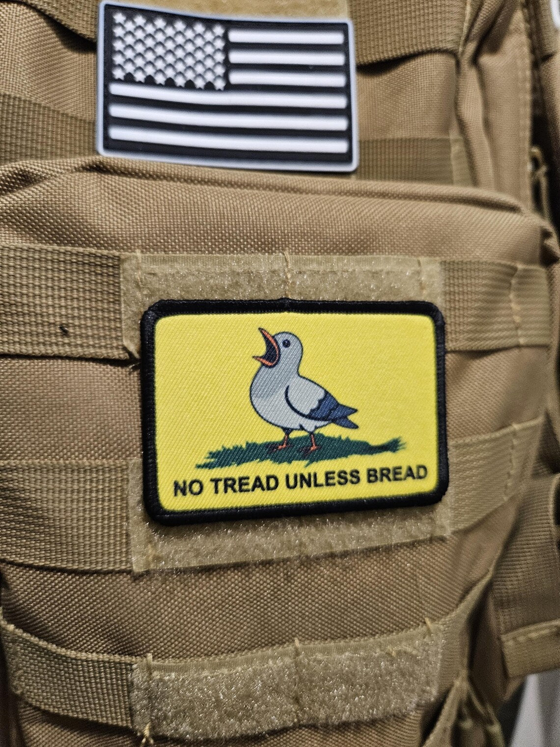 no tread unless bread pigeon Gadsden flag meme  2"x3" removable morale patch with hook and loop backing