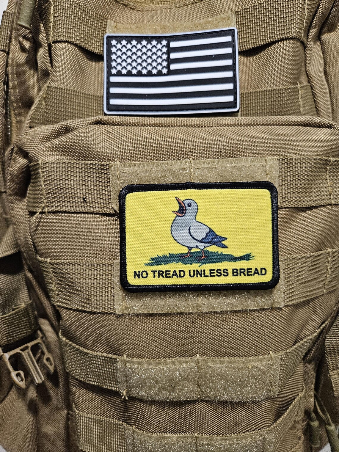 no tread unless bread pigeon Gadsden flag meme  2"x3" removable morale patch with hook and loop backing