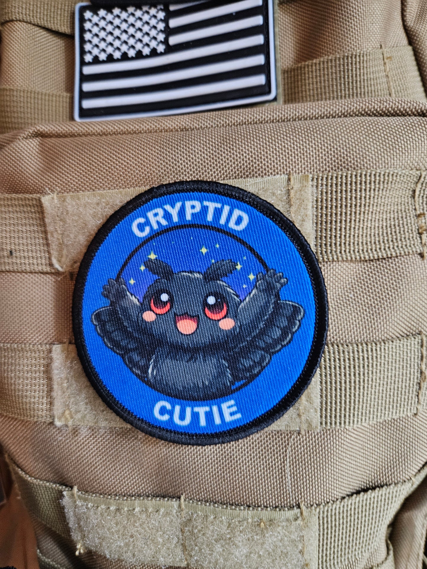 Cryptid cutie mothman meme 3" circle removable morale patch with hook and loop backing