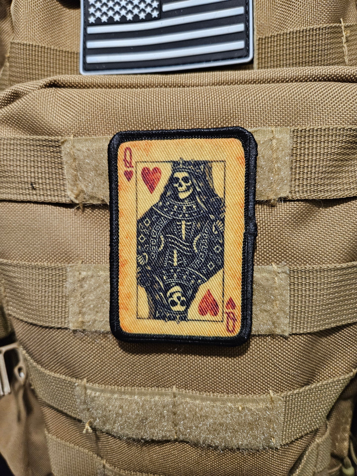 Gothic style skeleton queen of hearts 2"x3"  removable morale patch with hook and loop backing