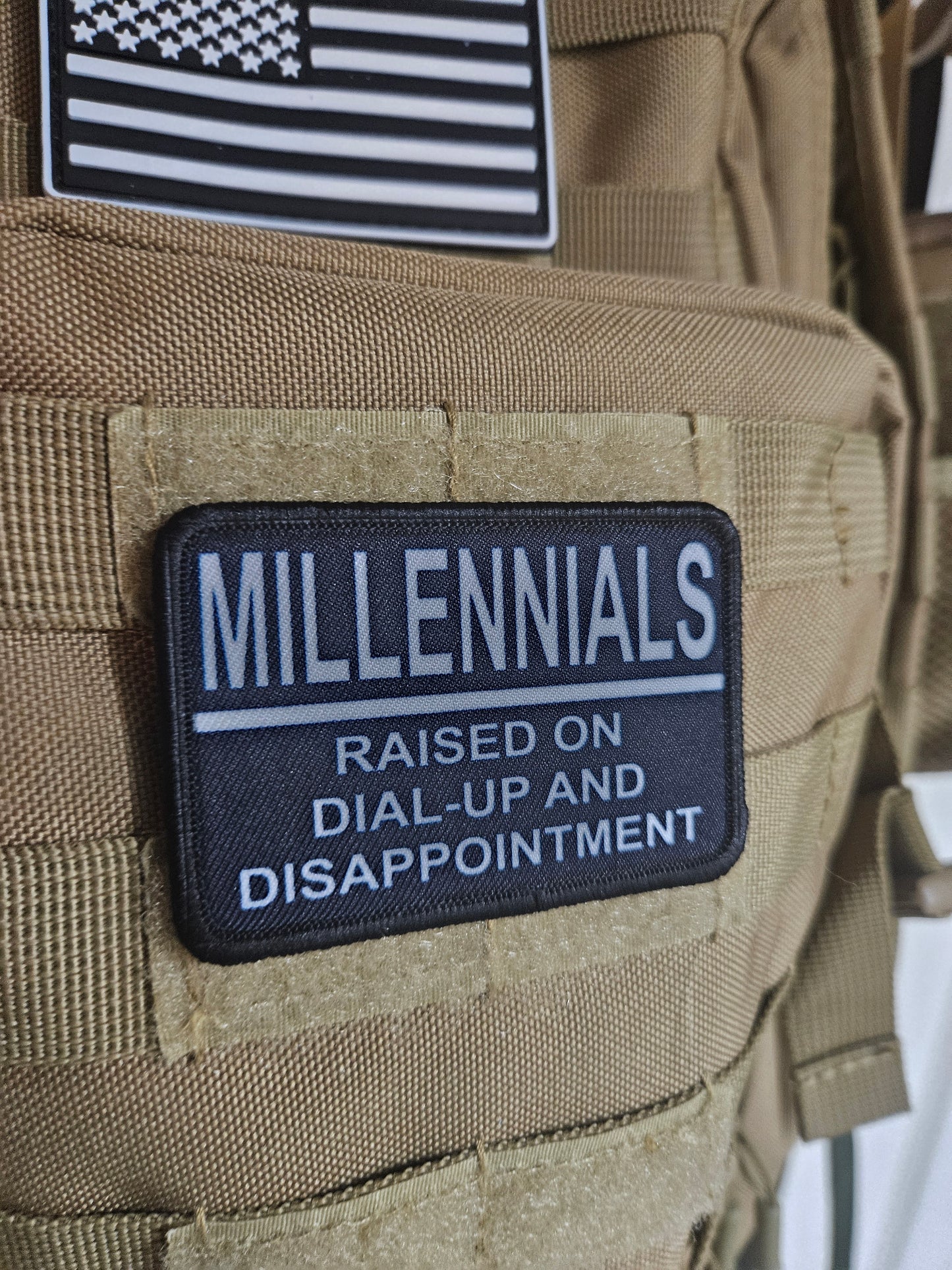 Millennials raised on dial up and disappointment. meme 2"x3" morale patch with hook and loop backing