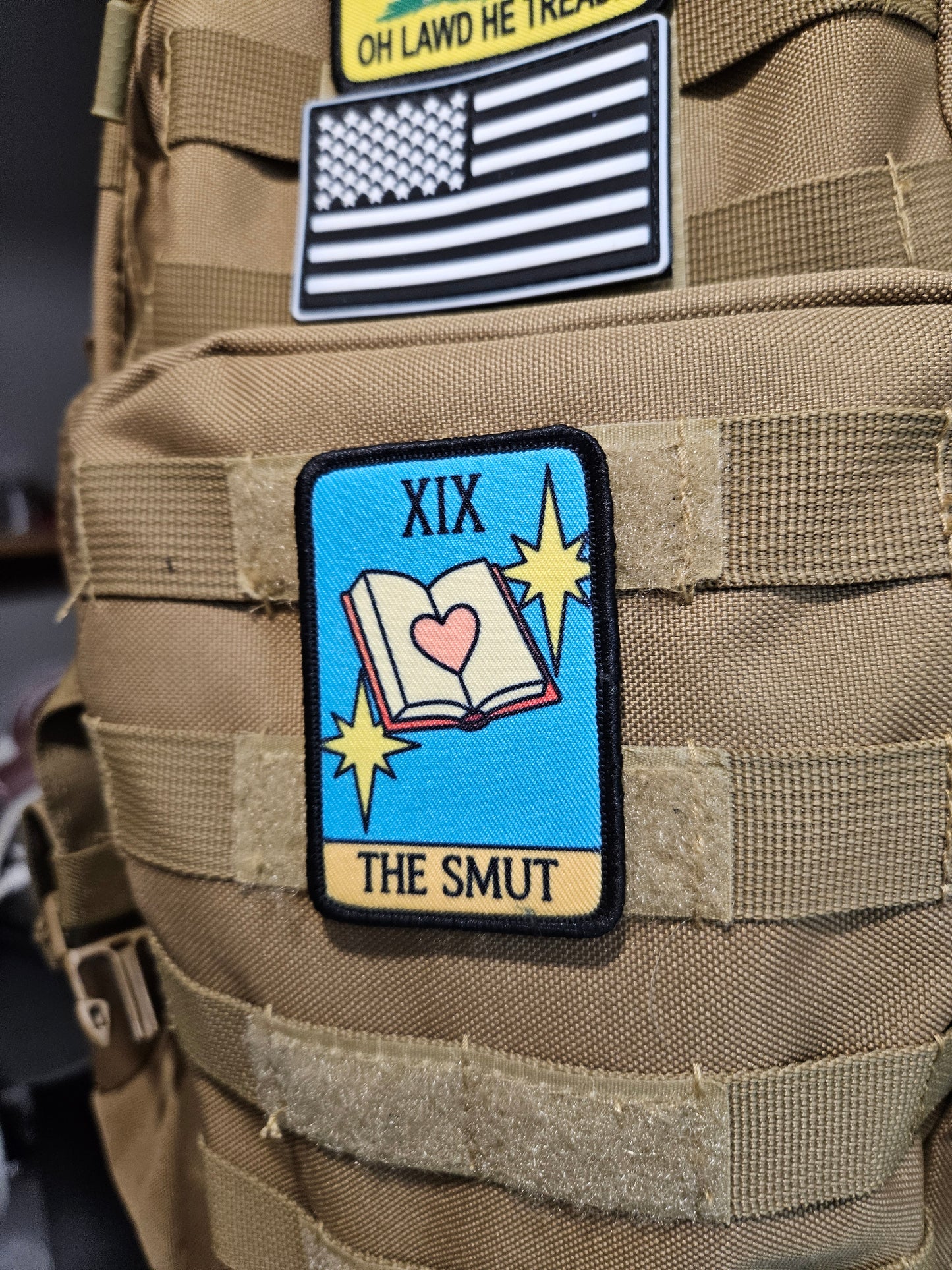 the smut tarot card funny meme 2"x3" morale patch with hook and loop backing spicy books