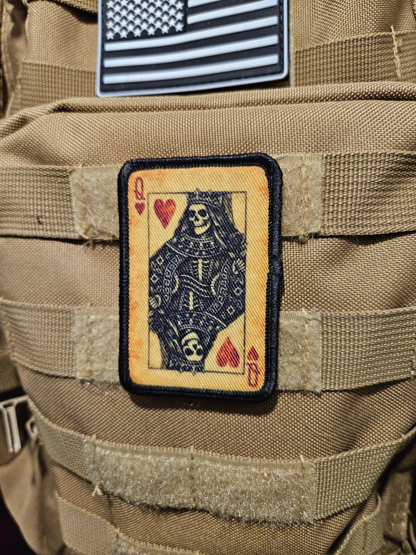 Gothic style skeleton queen of hearts 2"x3"  removable morale patch with hook and loop backing