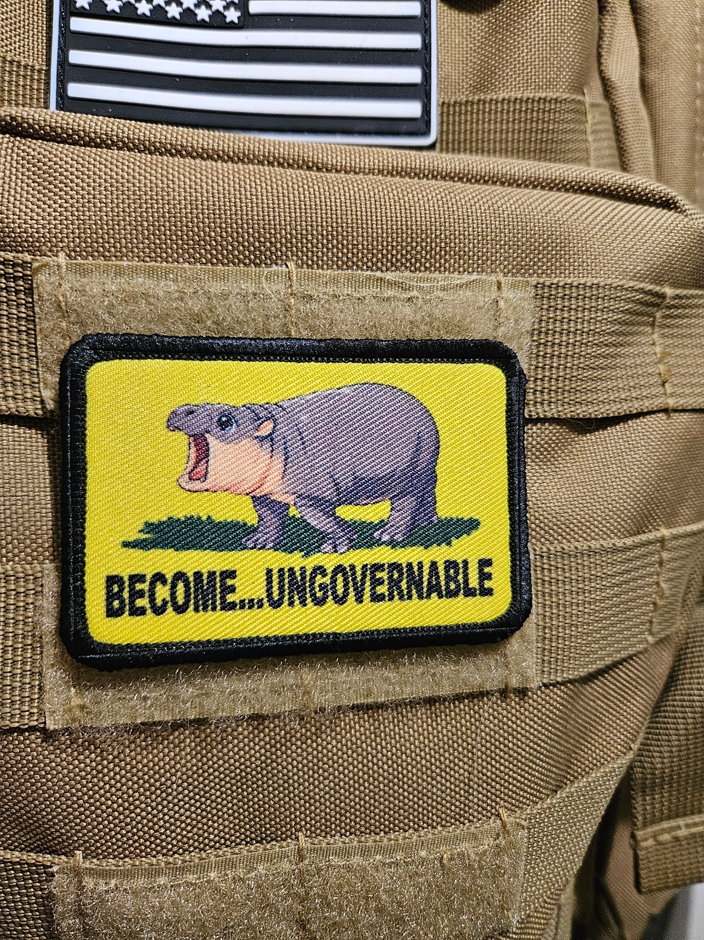 Become ungovernable baby hippo meme 2"x3" morale patch with hook and loop backing full color