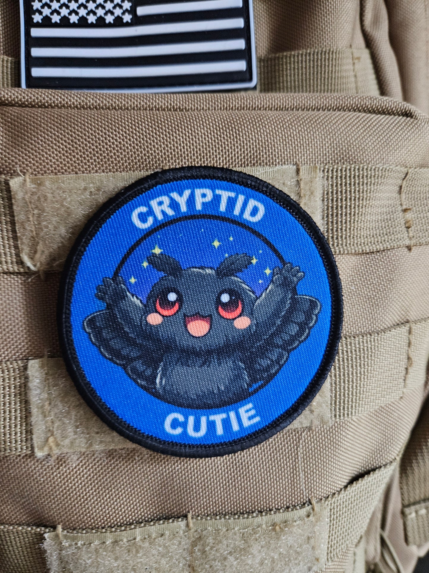 Cryptid cutie mothman meme 3" circle removable morale patch with hook and loop backing