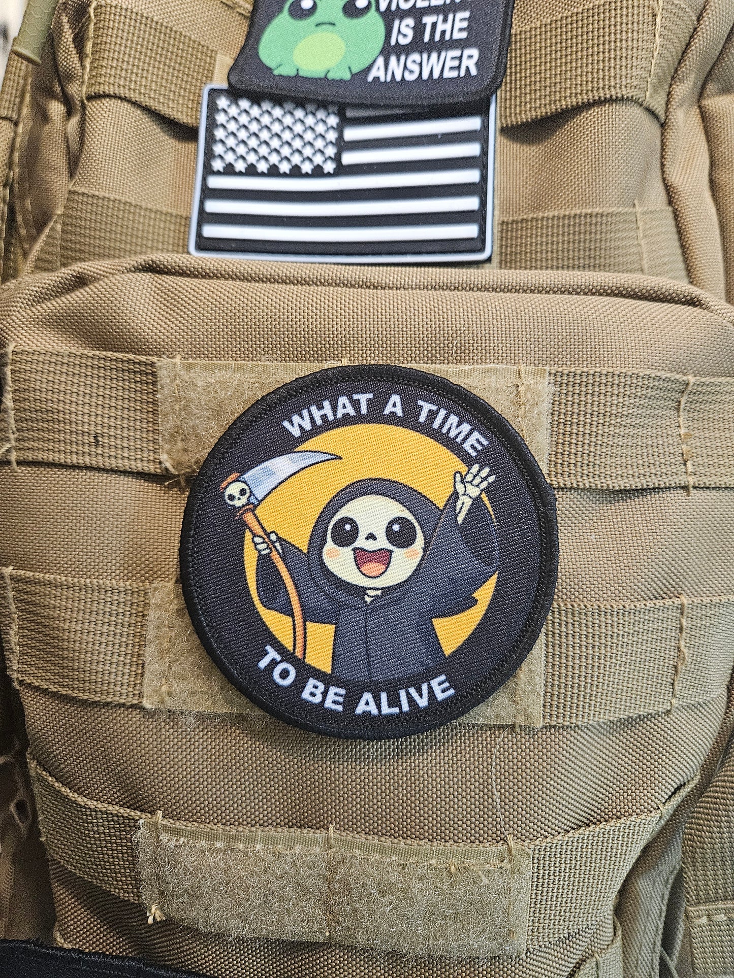 What a time to be alive grim reaper meme 3" circle removable morale patch with hook and loop backing